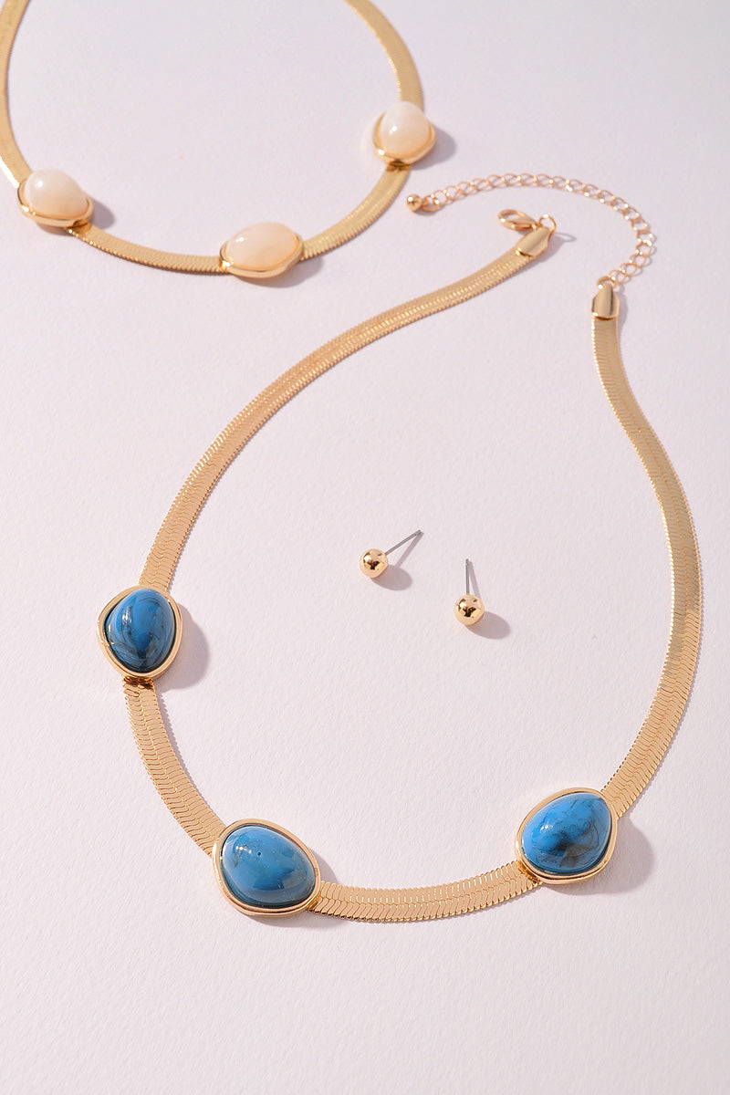 Gold Chain & Stone Link Necklace & Stud Set