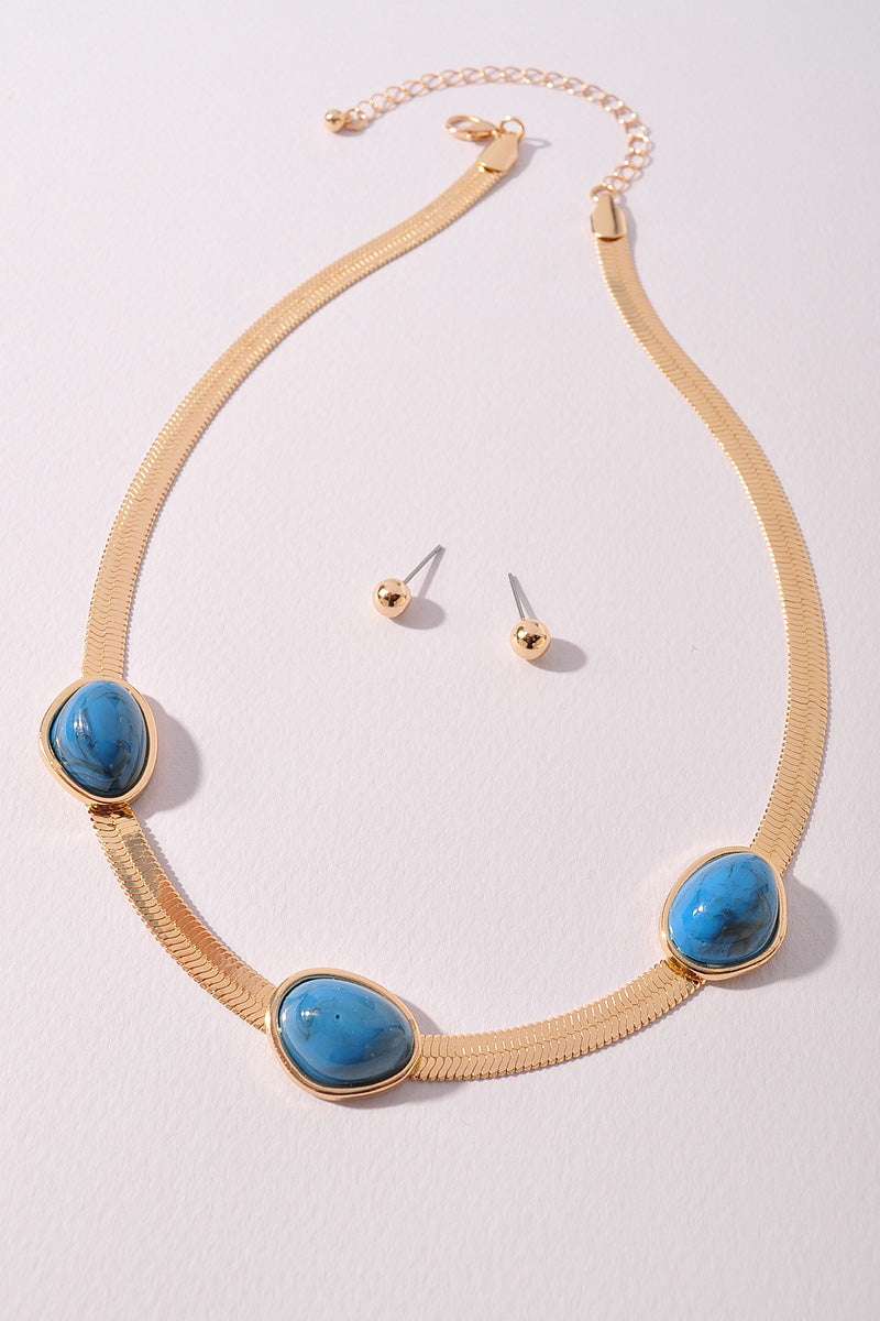 Gold Chain & Stone Link Necklace & Stud Set