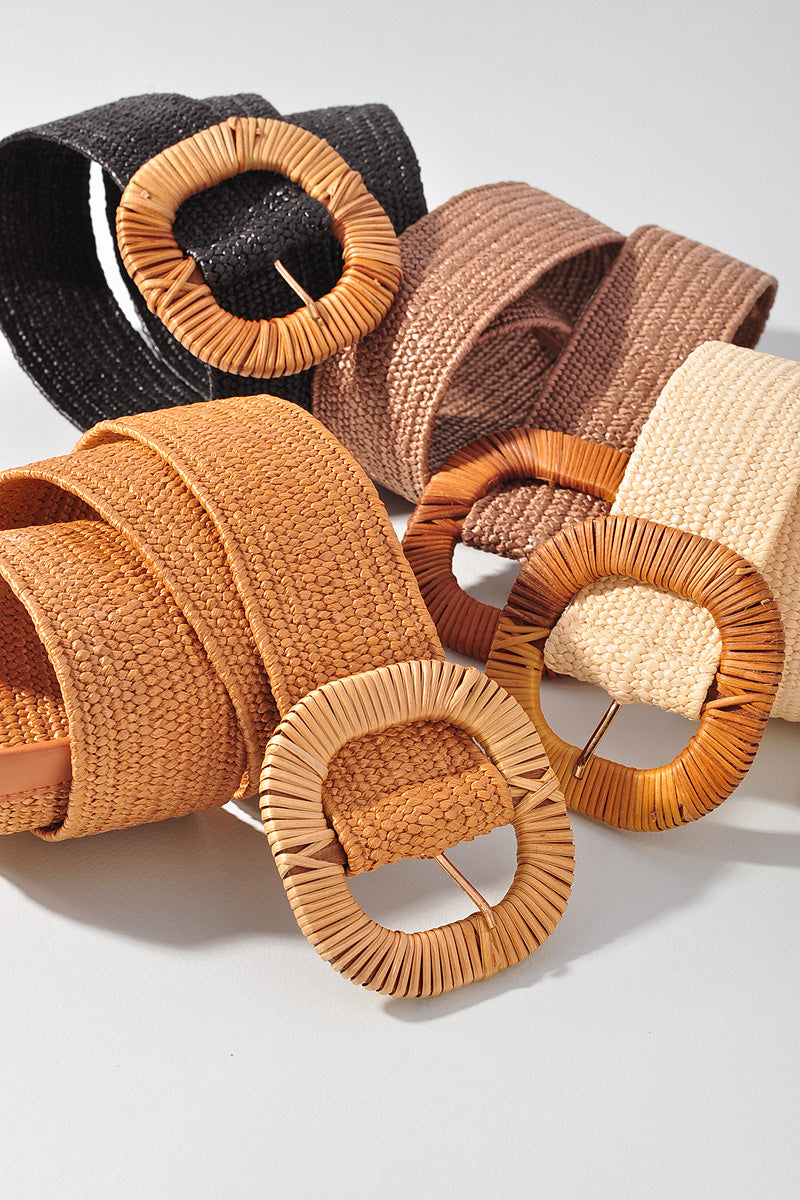 ROUNDED SQUARE RATTAN BUCKLE ELASTIC STRAW BELT