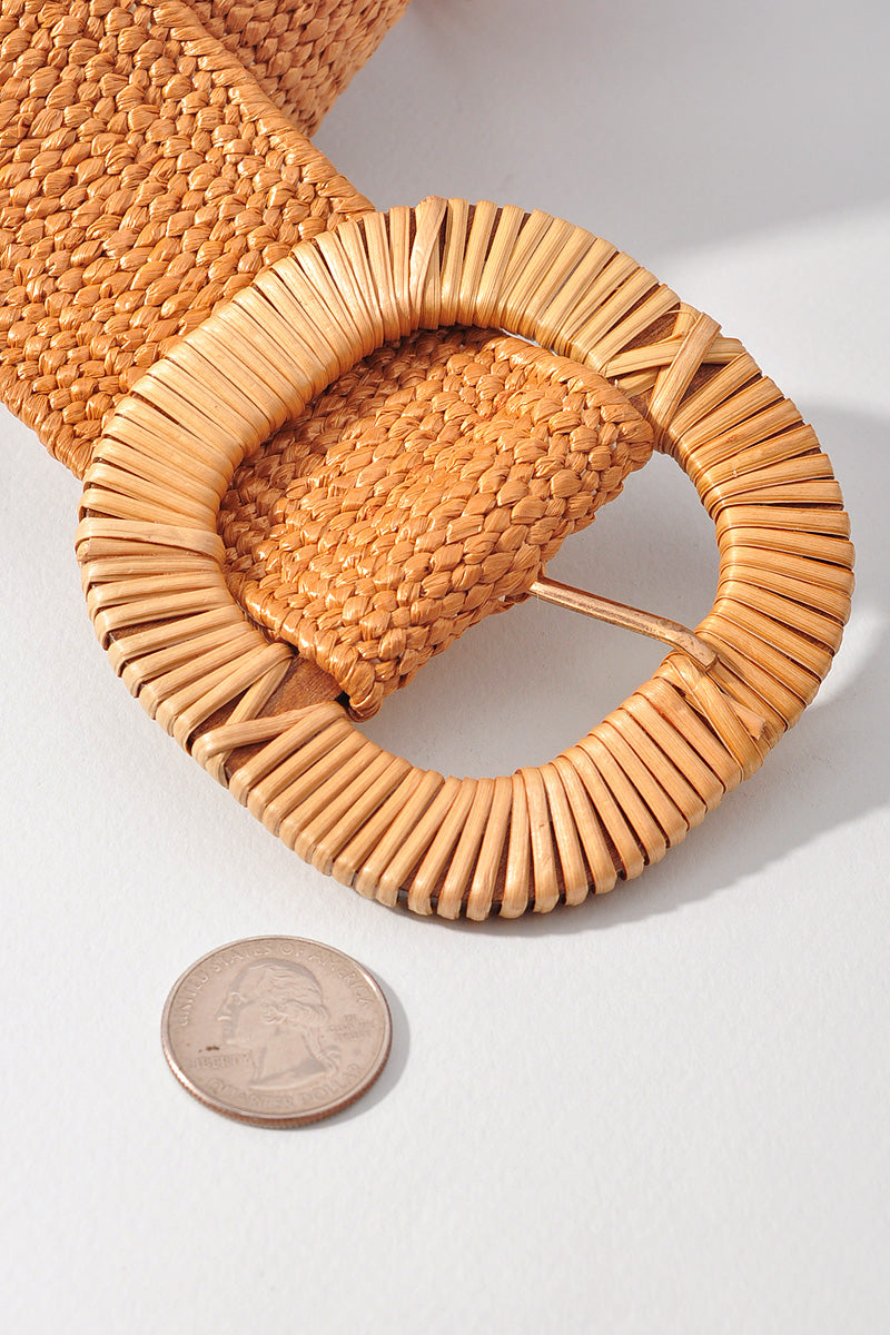 ROUNDED SQUARE RATTAN BUCKLE ELASTIC STRAW BELT