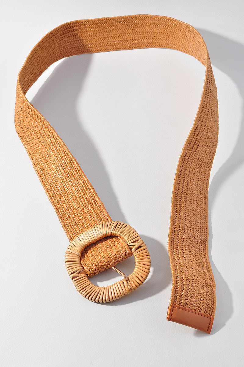 ROUNDED SQUARE RATTAN BUCKLE ELASTIC STRAW BELT