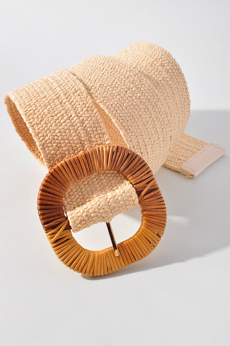 ROUNDED SQUARE RATTAN BUCKLE ELASTIC STRAW BELT