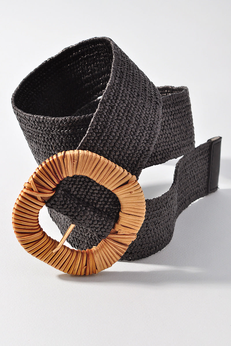 ROUNDED SQUARE RATTAN BUCKLE ELASTIC STRAW BELT