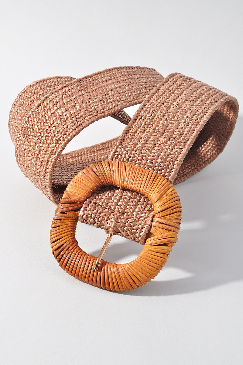 ROUNDED SQUARE RATTAN BUCKLE ELASTIC STRAW BELT