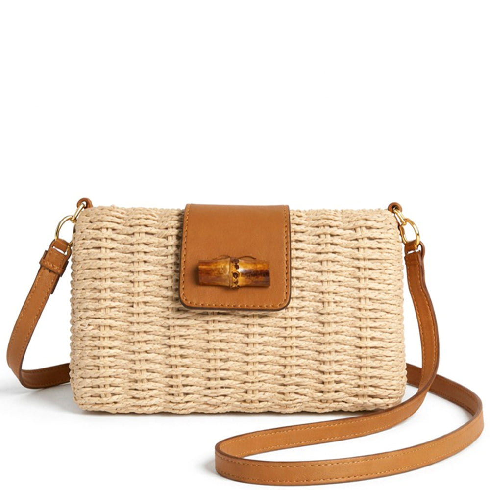 Woven Straw Crossbody Bag with Faux Leather Trim