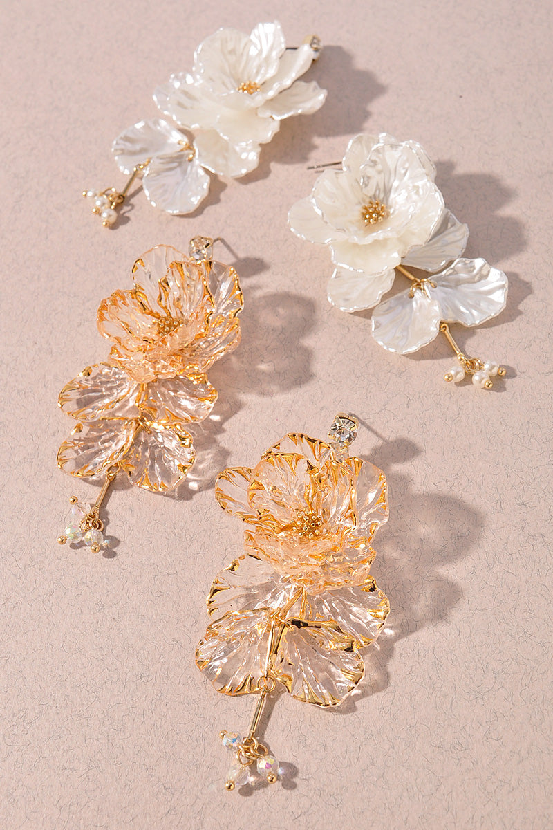 CLEAR BEAD FLOWER DANGLE EARRINGS