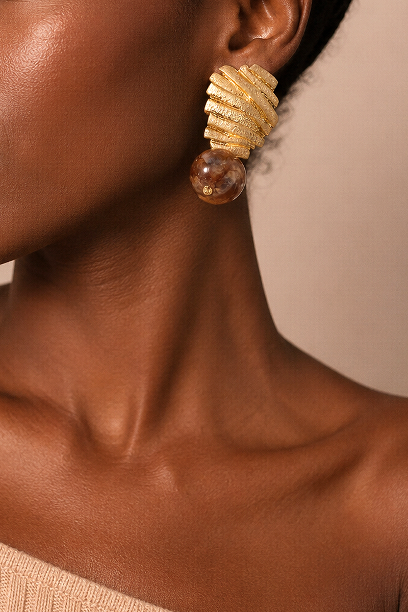 Organic Gold Textured & Brown Marble Statement Earrings