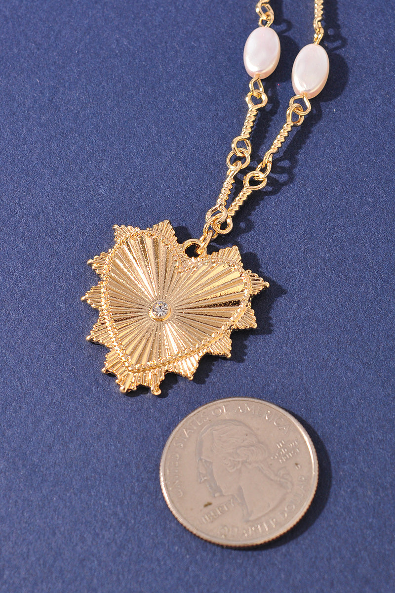 Gold Heart Pendant Pearl Accent Chain Necklace