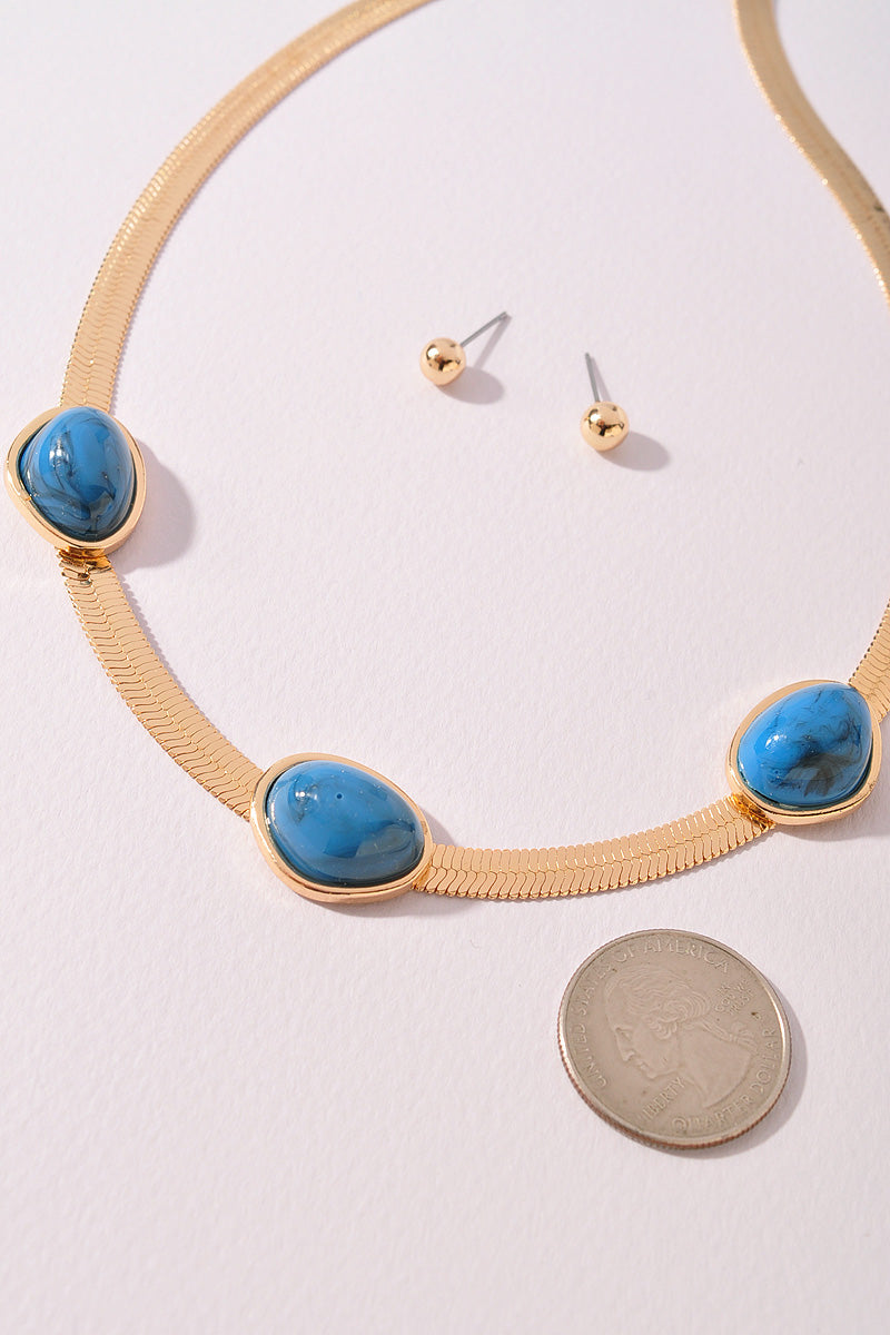 Gold Chain & Stone Link Necklace & Stud Set