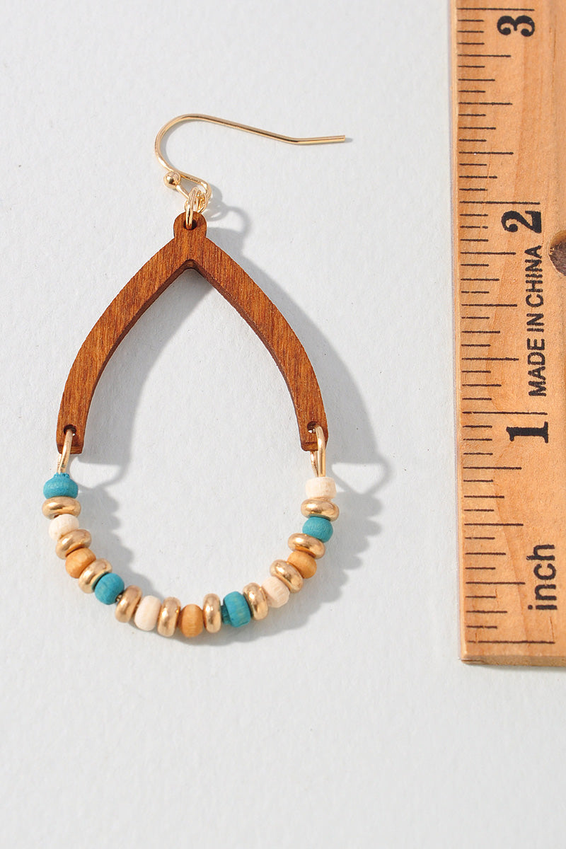 WOODEN METAL BEADED TEARDROP DANGLE EARRINGS