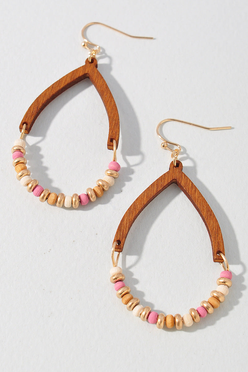 WOODEN METAL BEADED TEARDROP DANGLE EARRINGS