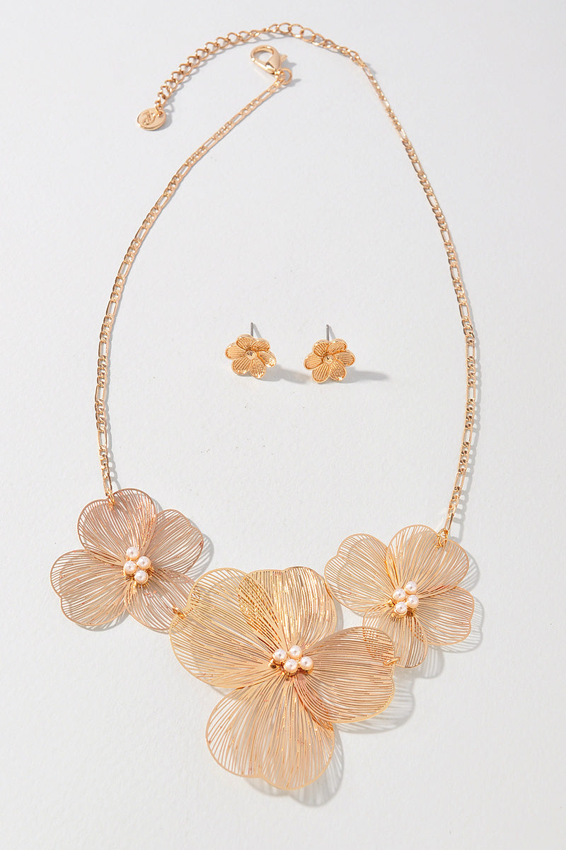 TRIPLE FLOWER PEARL BEAD METAL NECKLACE SET