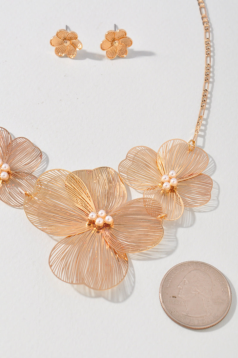 TRIPLE FLOWER PEARL BEAD METAL NECKLACE SET