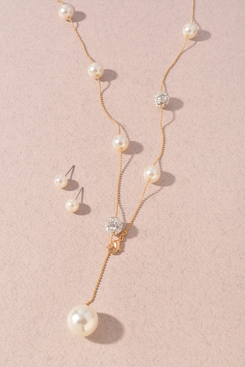 PEARL AND RHINESTONE BEAD Y NECKLACE EARRING SET