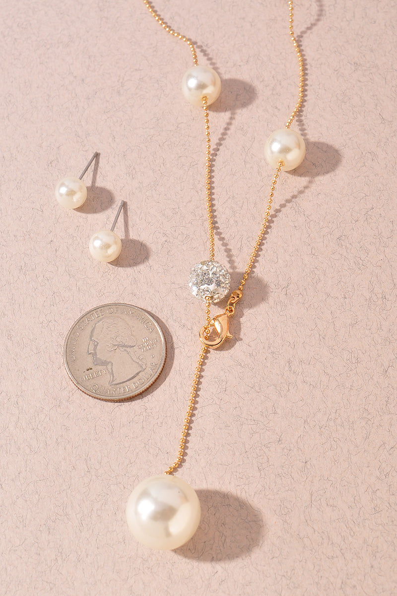 PEARL AND RHINESTONE BEAD Y NECKLACE EARRING SET