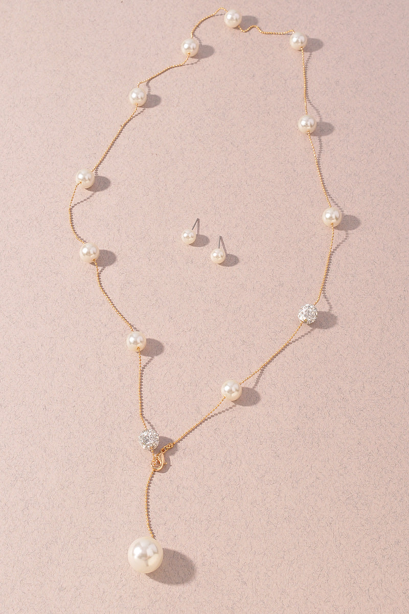 PEARL AND RHINESTONE BEAD Y NECKLACE EARRING SET