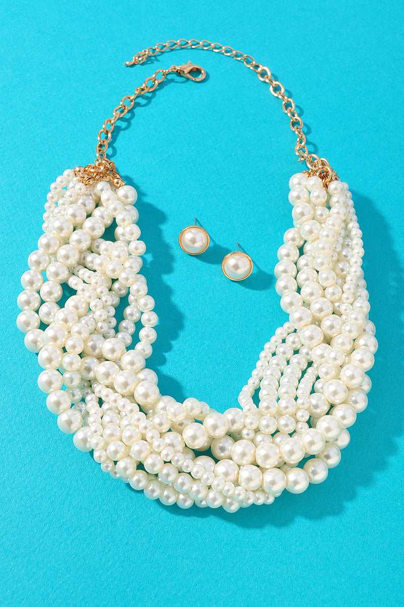 BRAIDED LAYERED PEARL BEAD STATEMENT NECKLACE SET