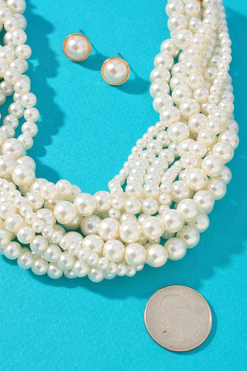 BRAIDED LAYERED PEARL BEAD STATEMENT NECKLACE SET