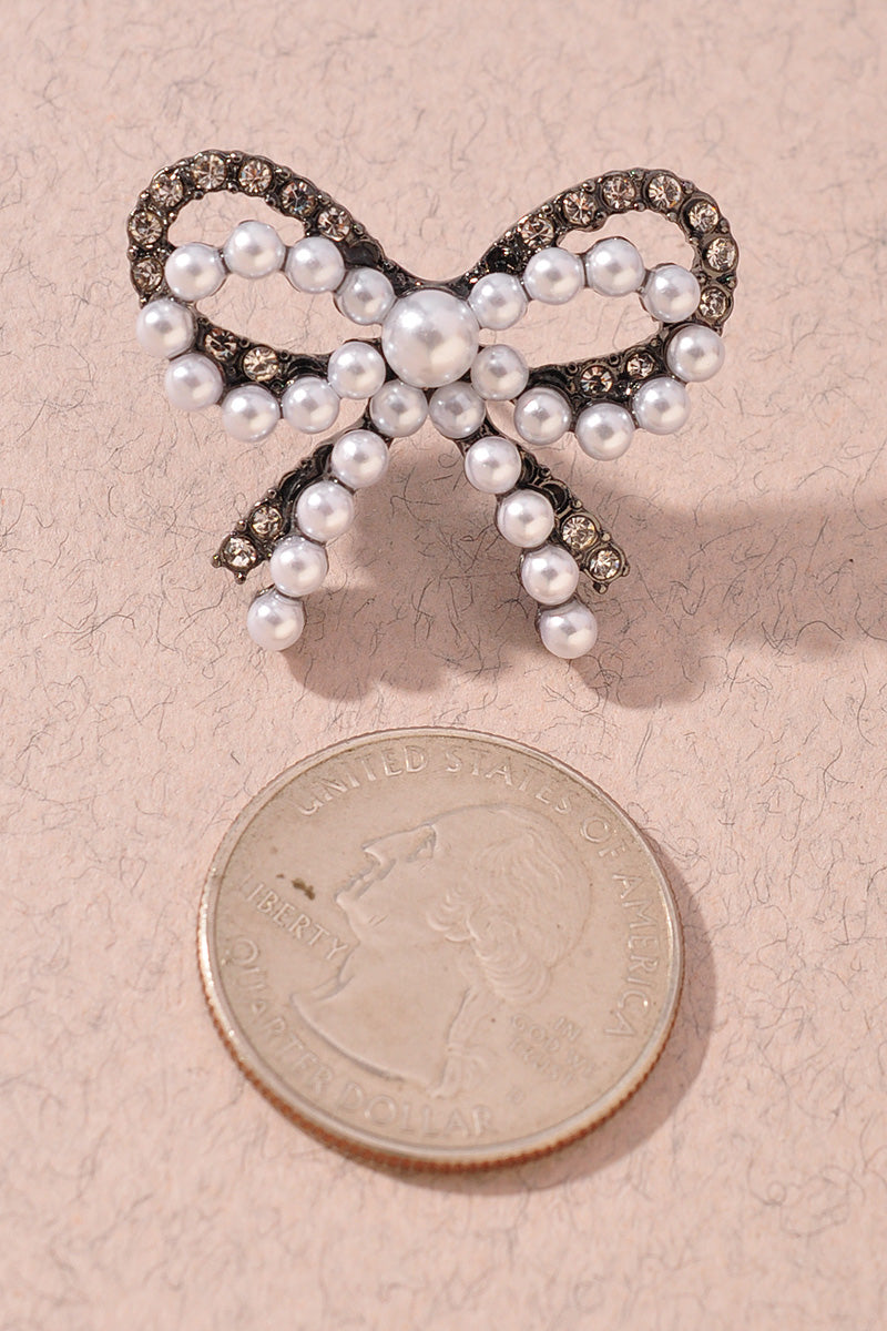 Pearl Ribbon Bow Stud Earrings