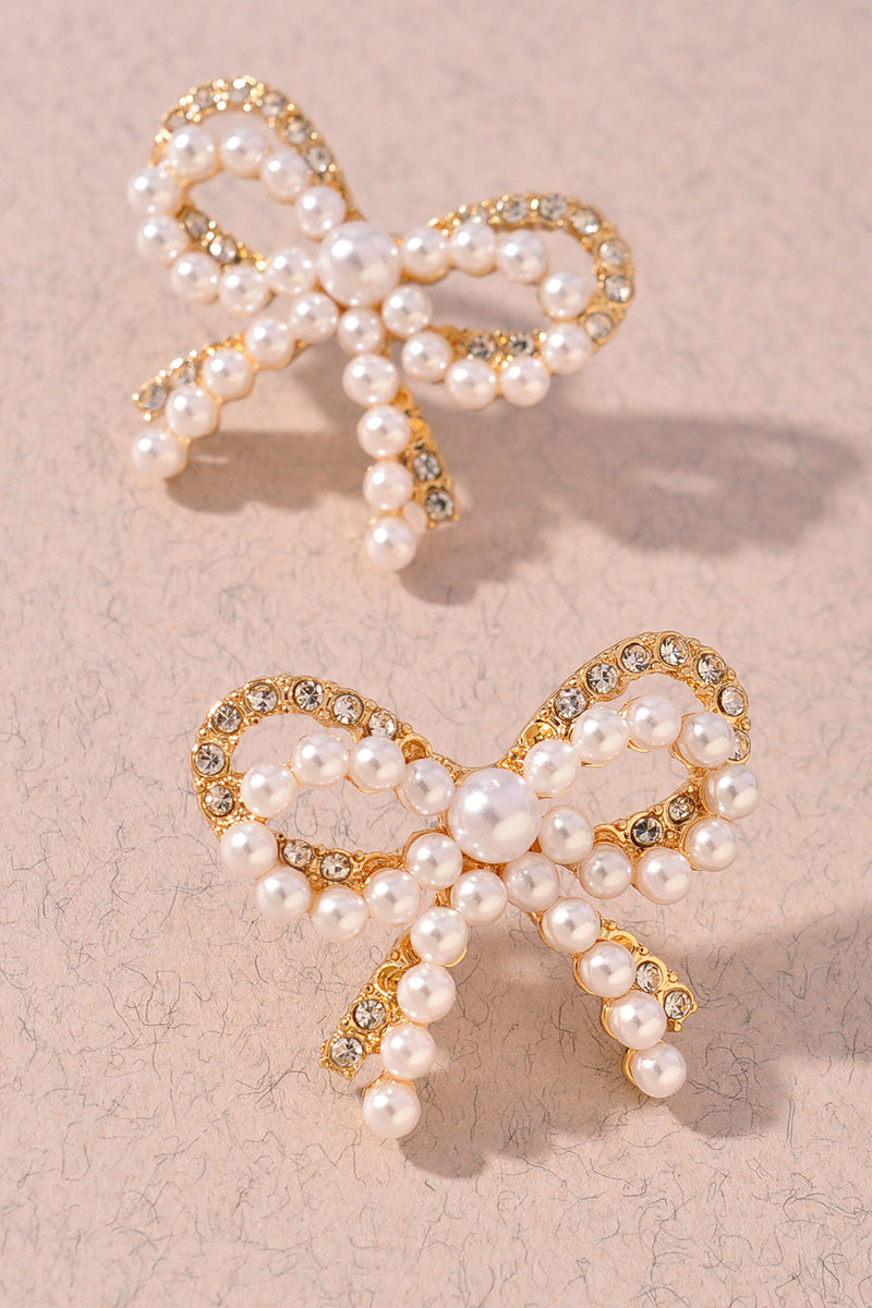 Pearl Ribbon Bow Stud Earrings
