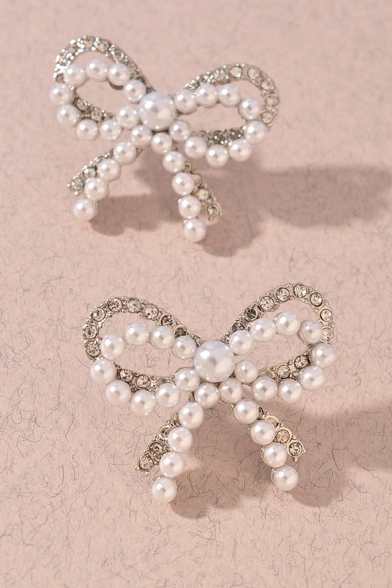 Pearl Ribbon Bow Stud Earrings