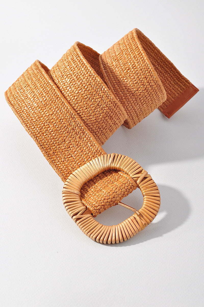 ROUNDED SQUARE RATTAN BUCKLE ELASTIC STRAW BELT
