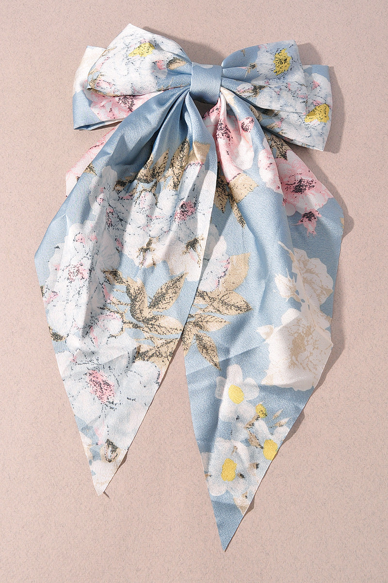FLOWER PATTERN RIBBON HAIR BOW PIN WITH LONG TAIL