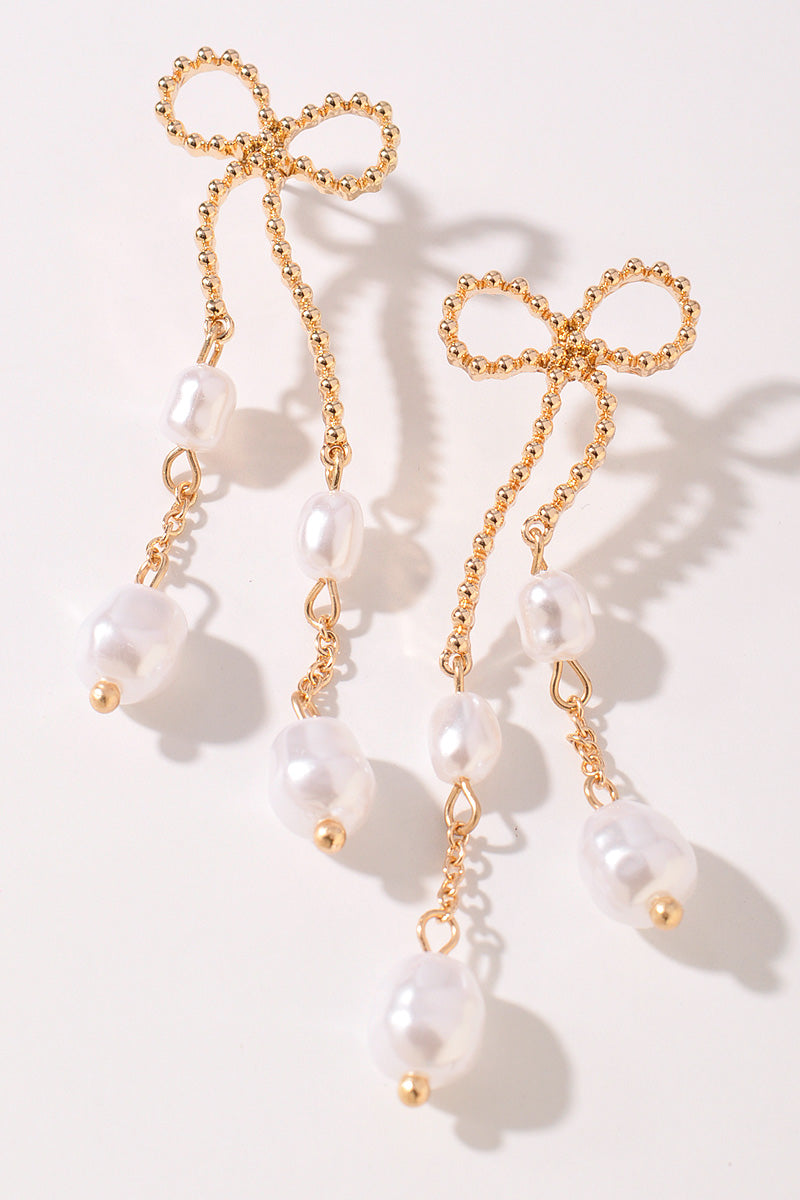 BOW SHAPED METAL WITH PEARL BEAD EARRINGS