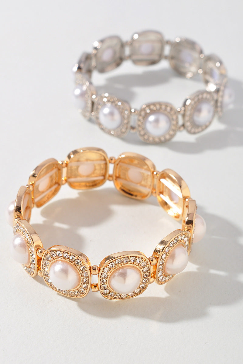 RHINESTONE PEARL BEAD STRTECH BRACELET