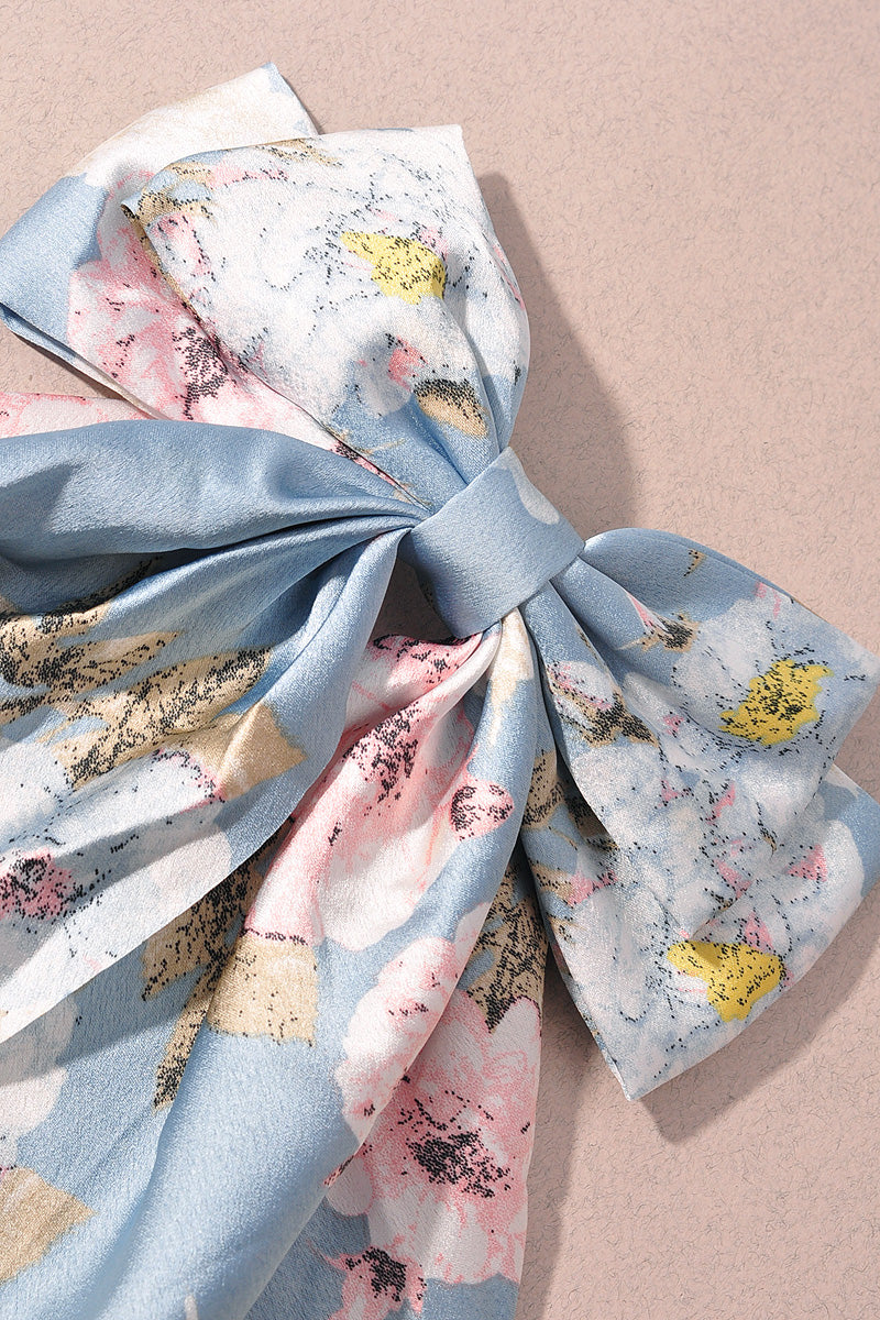 FLOWER PATTERN RIBBON HAIR BOW PIN WITH LONG TAIL