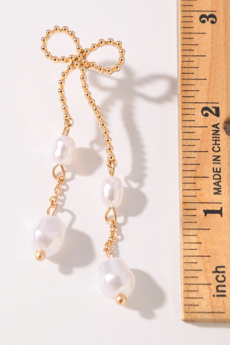 BOW SHAPED METAL WITH PEARL BEAD EARRINGS