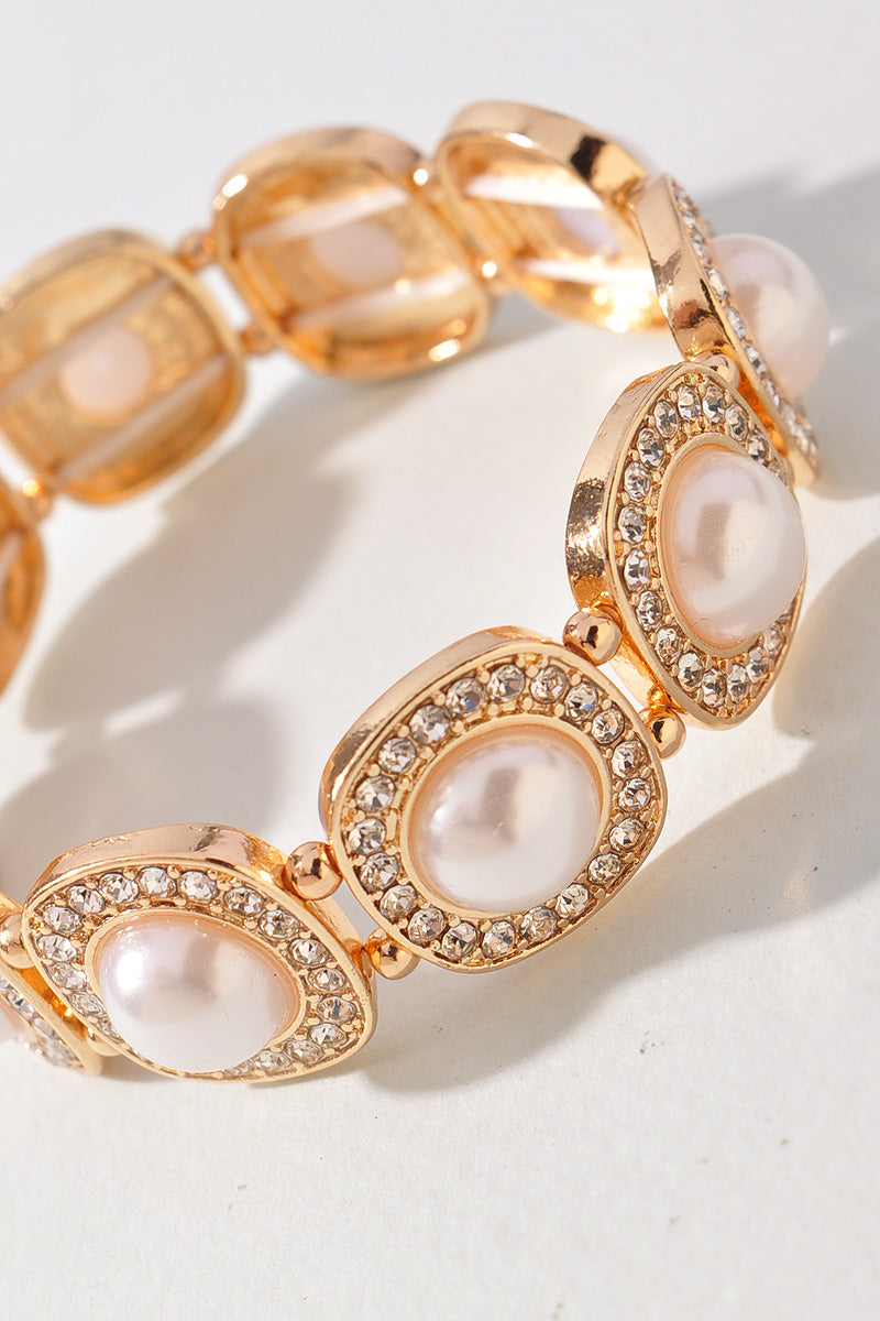 RHINESTONE PEARL BEAD STRTECH BRACELET