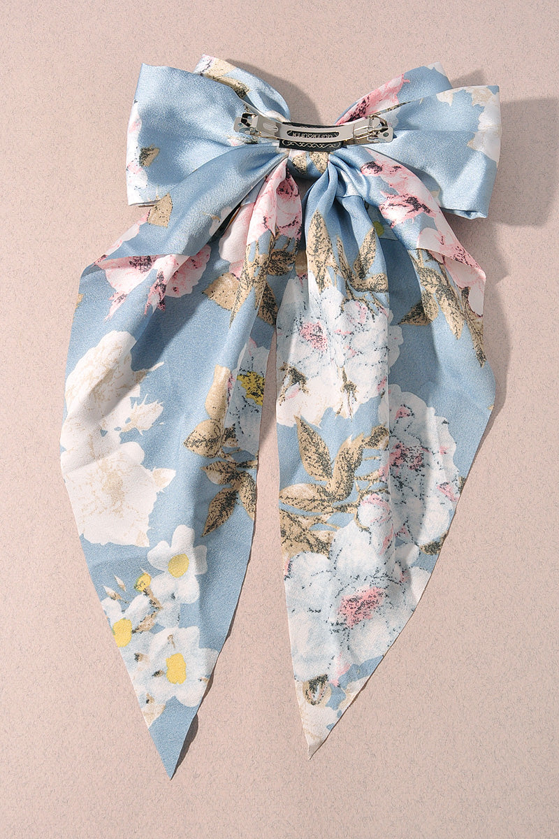 FLOWER PATTERN RIBBON HAIR BOW PIN WITH LONG TAIL