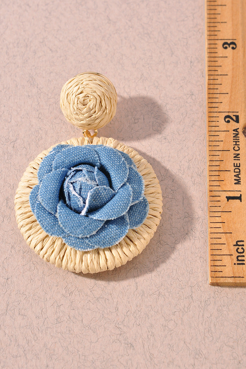 Faux Straw Denim Flower Earrings