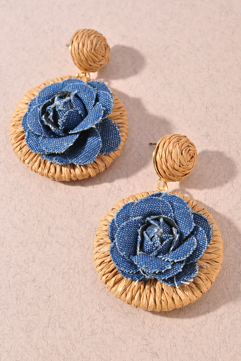 Faux Straw Denim Flower Earrings