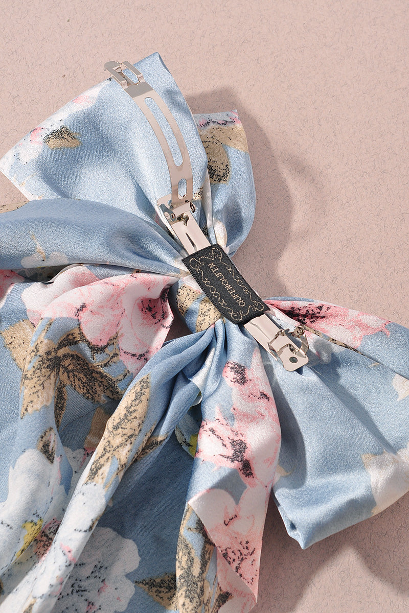 FLOWER PATTERN RIBBON HAIR BOW PIN WITH LONG TAIL