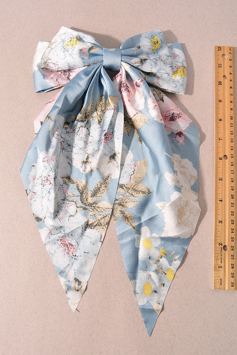 FLOWER PATTERN RIBBON HAIR BOW PIN WITH LONG TAIL