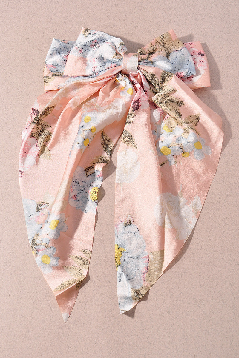 FLOWER PATTERN RIBBON HAIR BOW PIN WITH LONG TAIL