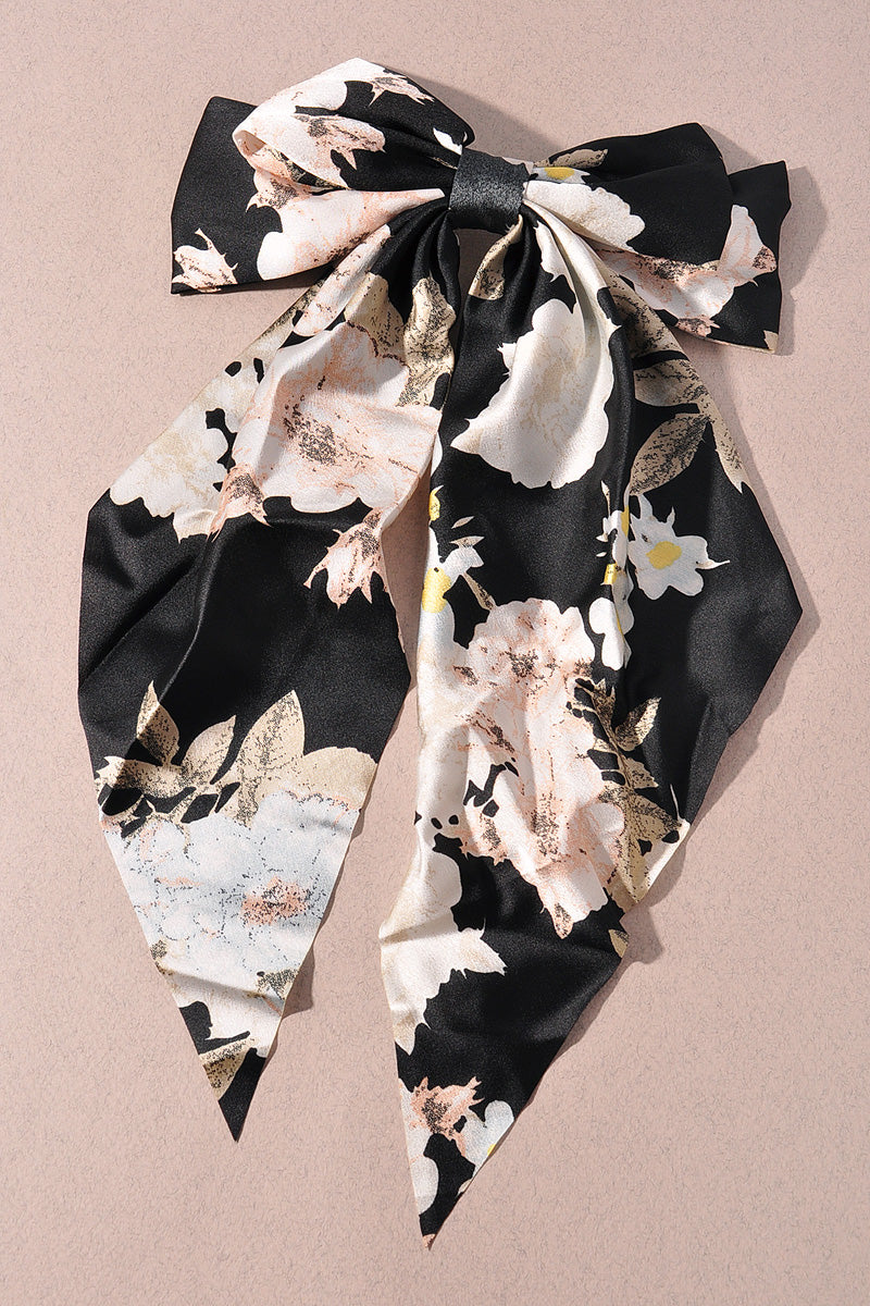 FLOWER PATTERN RIBBON HAIR BOW PIN WITH LONG TAIL