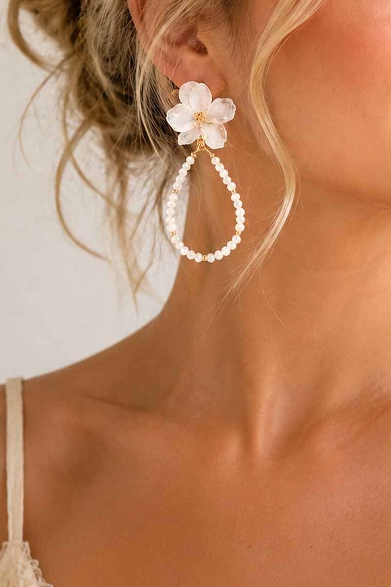 FLORAL BEADED TEARDROP DANGLE EARRINGS