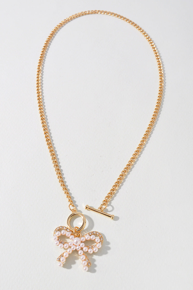 PEARL RHINESTONE RIBBON BOW PENDANT NECKLACE