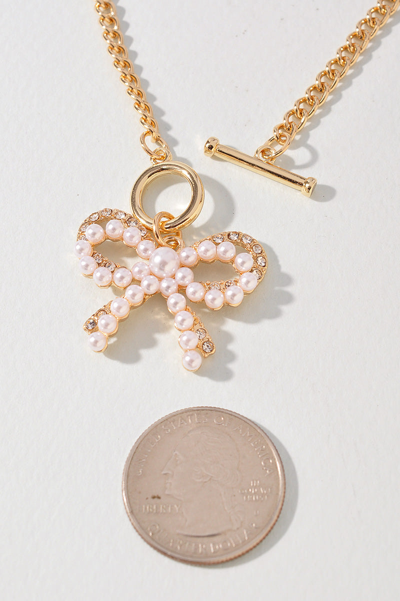 PEARL RHINESTONE RIBBON BOW PENDANT NECKLACE