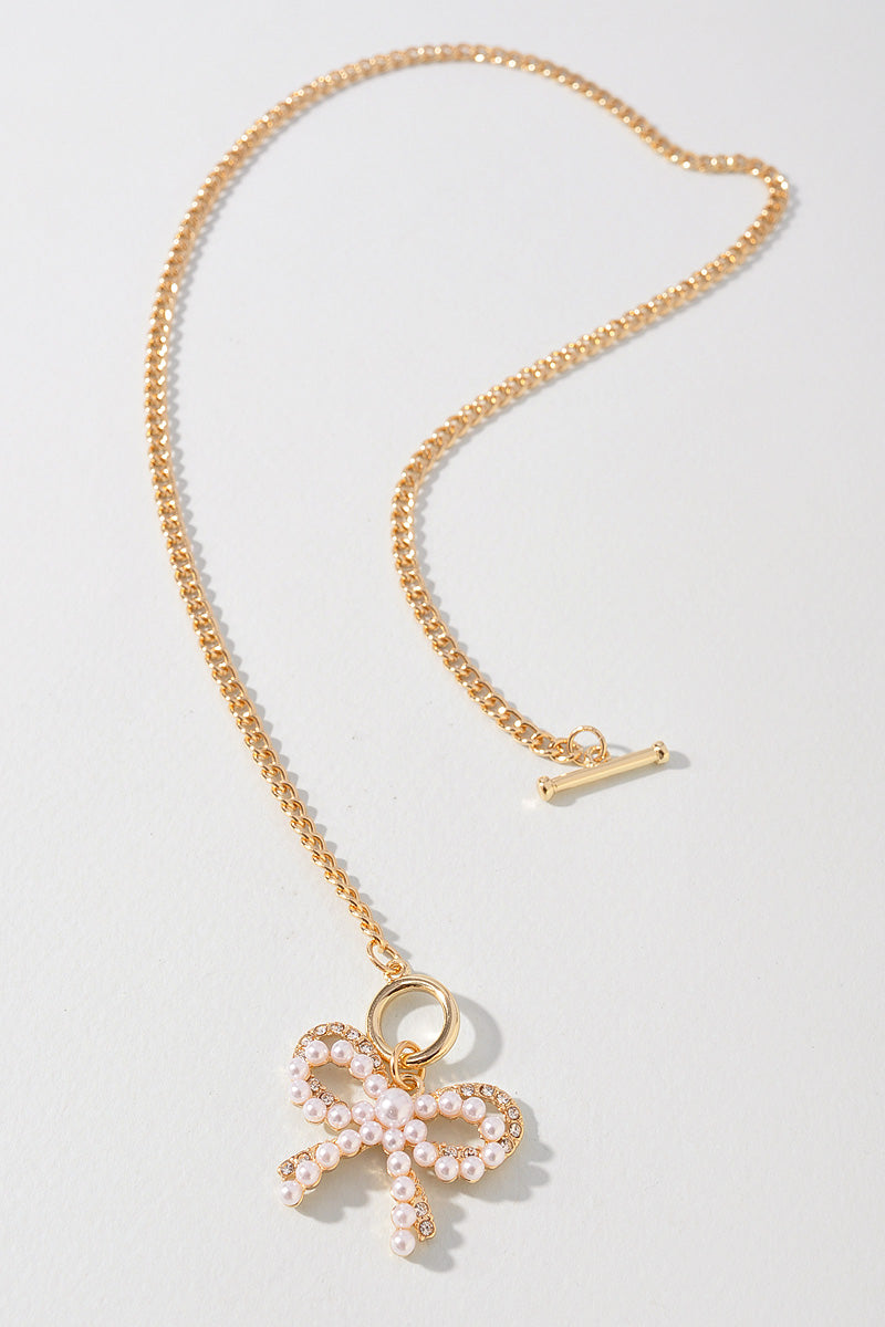 PEARL RHINESTONE RIBBON BOW PENDANT NECKLACE