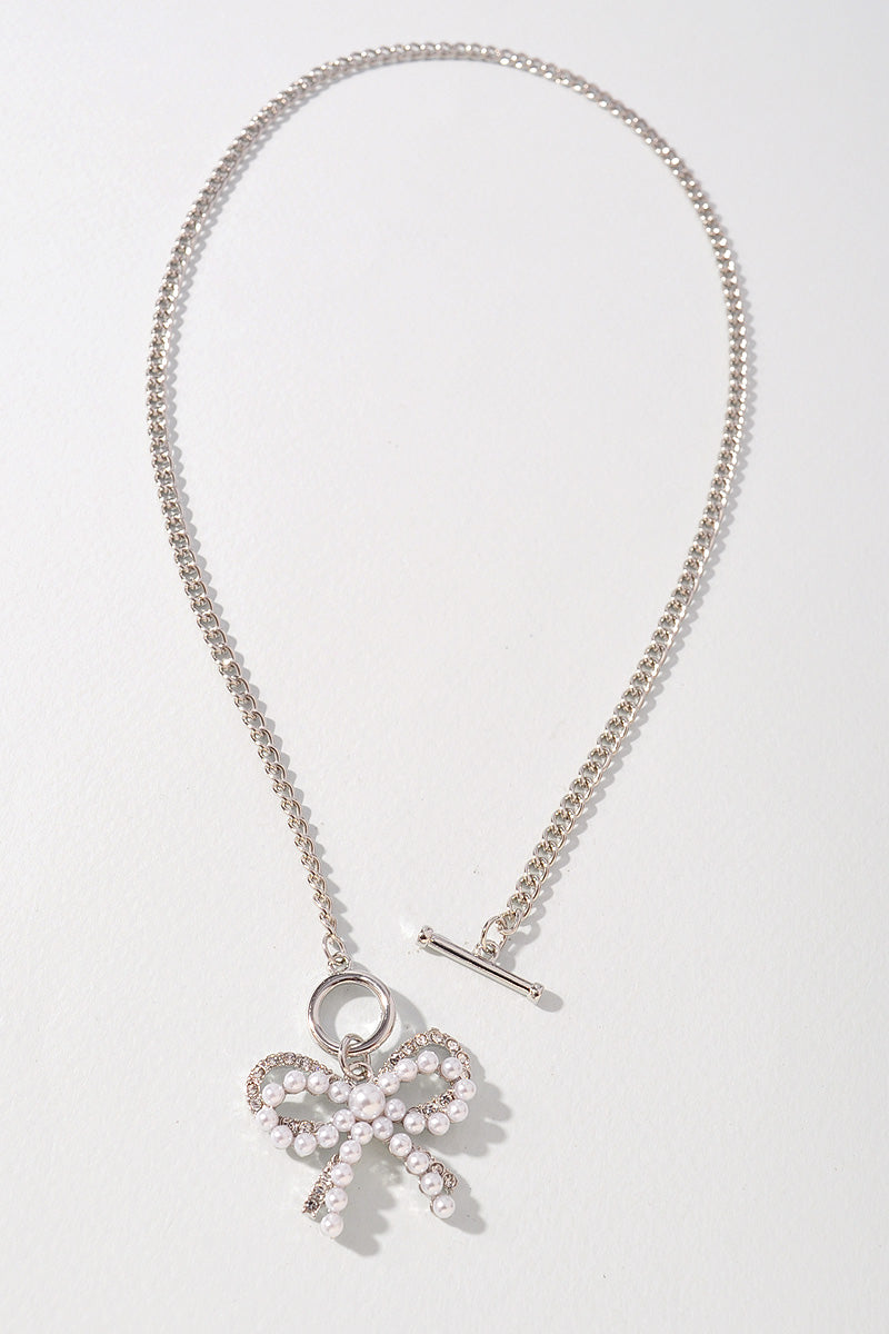 PEARL RHINESTONE RIBBON BOW PENDANT NECKLACE