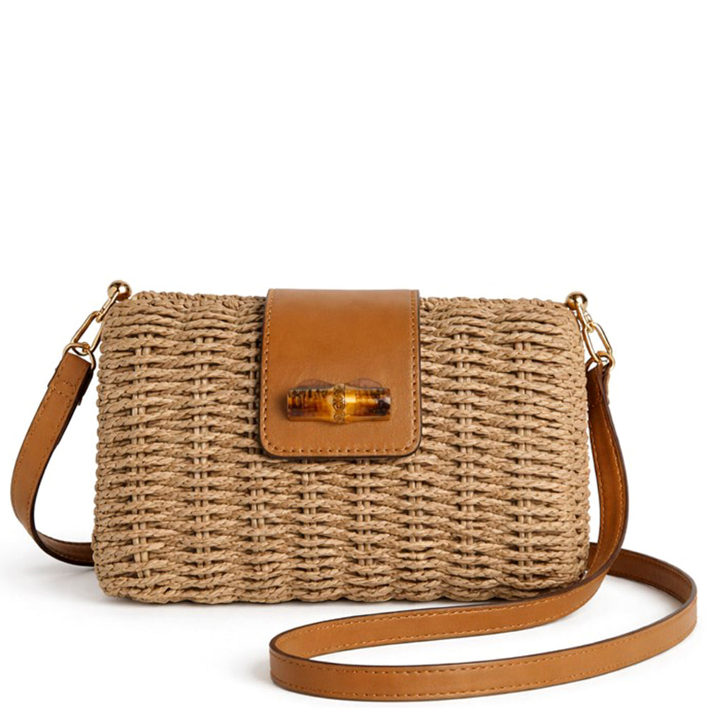 Woven Straw Crossbody Bag with Faux Leather Trim