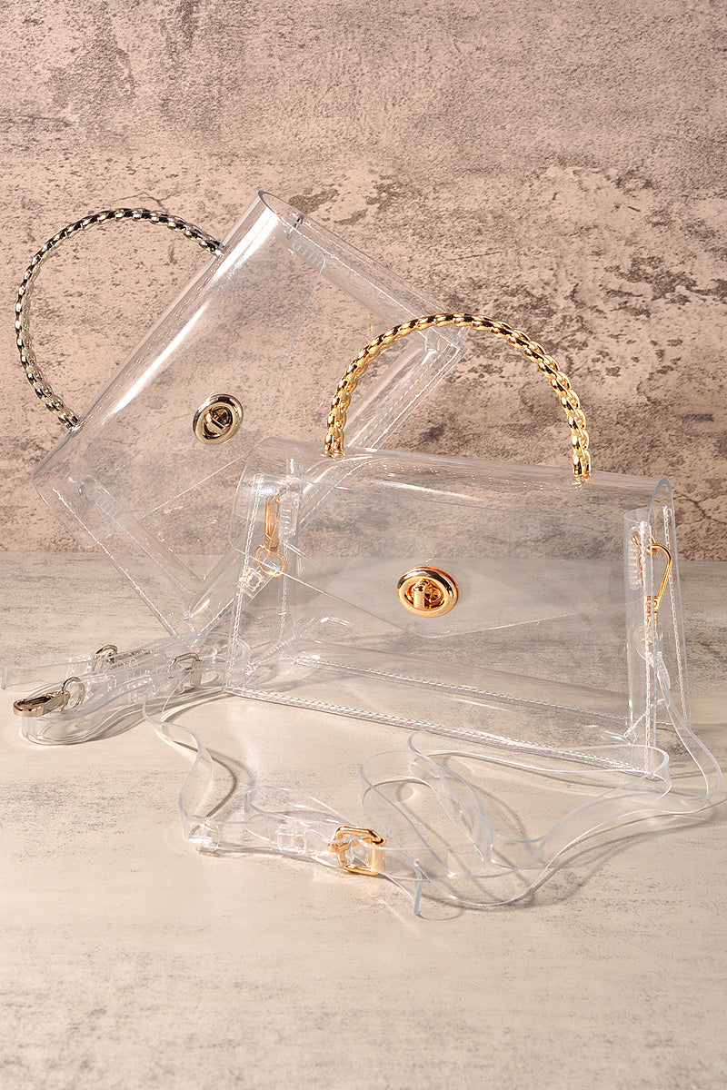 TRANSPARENT METAL HANDLE FLAP CLUTCH BAG