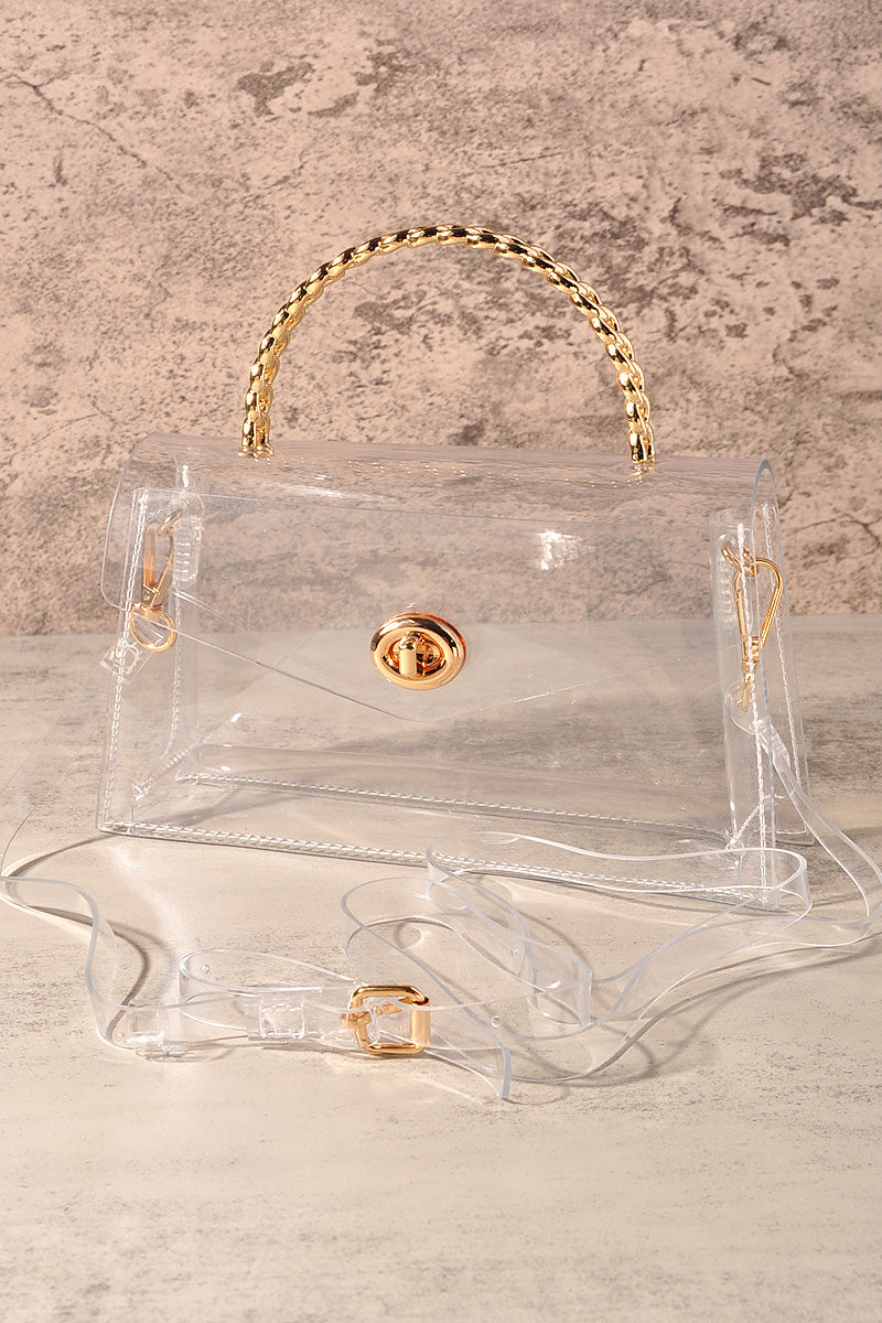 TRANSPARENT METAL HANDLE FLAP CLUTCH BAG