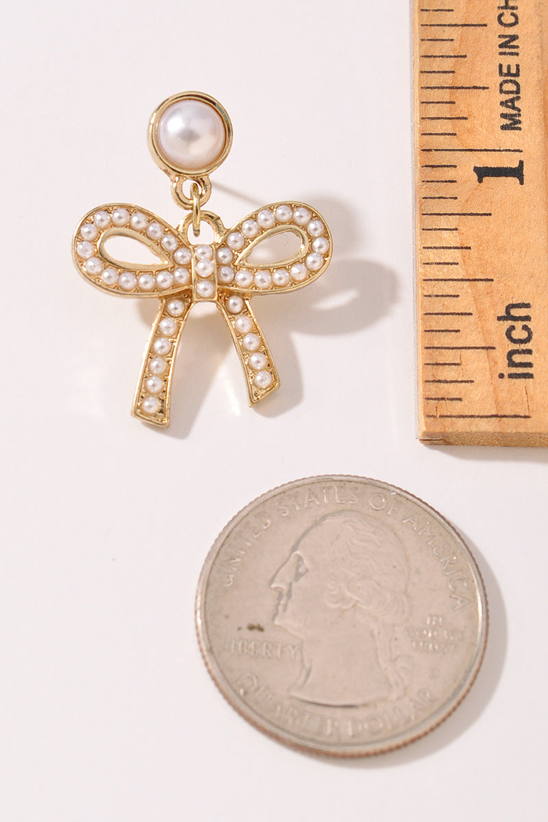 PEARL BEAD BOW METAL EARRINGS