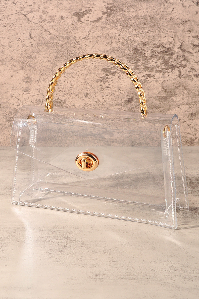 TRANSPARENT METAL HANDLE FLAP CLUTCH BAG