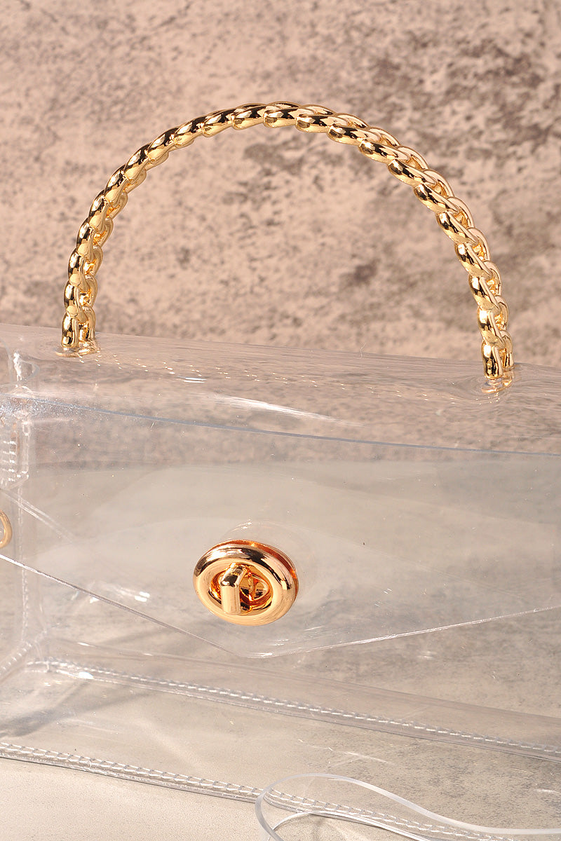 TRANSPARENT METAL HANDLE FLAP CLUTCH BAG